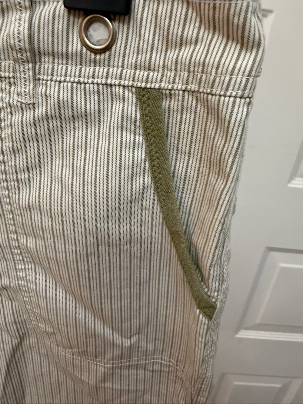 Weatherproof Women's White Pinstriped Bermuda Shorts with Olive Pocket Trim - Picture 2 of 9